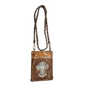 Western Style Tan & Brown Leather Crossbody Bag Purse With Rhinestones & Chain S